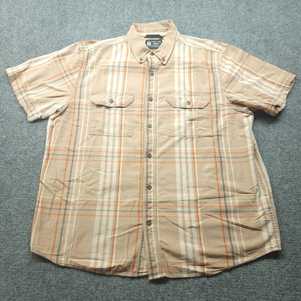 Carhartt Mens XL Loose Fit Short Sleeve Plaid Button Down Shirt Tan 105175 B27